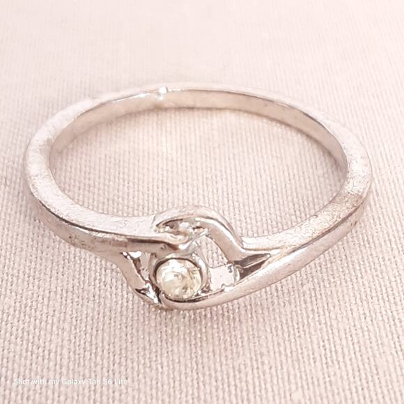 Slender Ring Silver Tone Metal Cradling Single Clear Stone - Picture 3 of 10